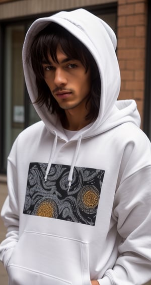 wearing white hoodie with a graffin print face covered
male, honey brown eyes, 