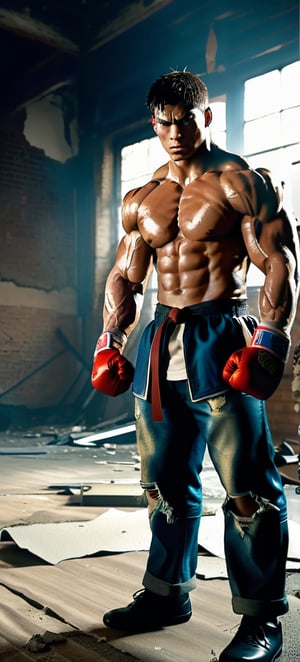 Powerful street fighter in a ruined gym, gritty urban setting, muscular physique, intense and focused gaze, ripped clothing, dramatic lighting, high quality, gritty, urban, muscular, intense gaze, dramatic lighting, ruined environment,Realistic Photo,Handsome Man