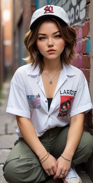 Kelthy sits in a grunge-inspired alleyway, her brown hair messy and parted. She's hugging herself, wearing an oversized white button-down shirt with rolled-up sleeves, baggy cargo pants, and chunky sneakers. The graphic t-shirt underneath peeks out from beneath the collar. A baseball cap worn backwards showcases a bold logo, while layered necklaces adorn her neck. Her full body is framed in front view, with parted lips and medium-sized breasts visible under the shirt. The brick walls and graffiti art of the alleyway provide a vibrant backdrop for this grungy ensemble.,Anime Style