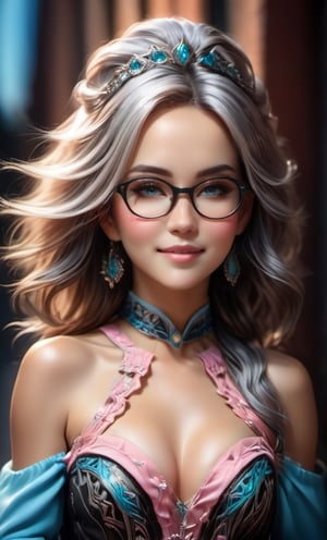 master piece, High Quality Realistic Image, Full Body image, Wearing black off Shoulder corset, perky big roun breast, pink lips, gray_hair, ice blue eyes, Smiling Face, reading Glasses, perfect body shape, realistic_face, ,Enhanced All,p3rfect boobs