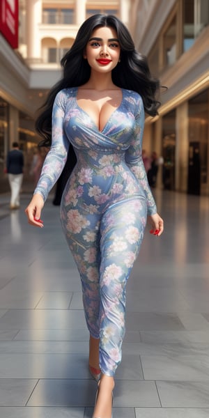 (masterpiece, best quality, ultra-detailed, 8K), high detail, realistic detailed, a beautiful young mature Arabic woman with a slight fat curvy body, long flowy black hair over her shoulders, wearing a full tight Long Sleeve Floral Printed Sheath outfit, walking in a shopping mall. She has blue eyes, pale soft skin, a kind smile, glossy lips, a serene and contemplative mood, with red lips, HD makeup, Turkish features, (blue eyes, temptation shy manner), Russian skin, xyzsanbridaldress, beautypinupart, Hot.,Enhance