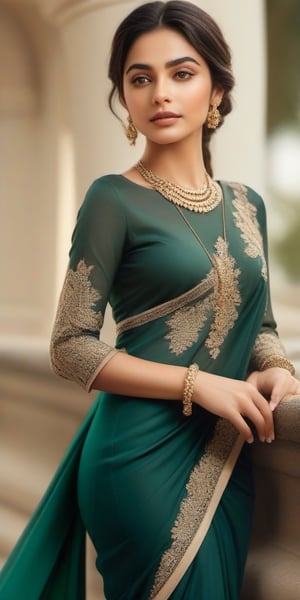 Prompt: A breathtaking, majestic 8K ultra-detailed masterpiece of a beautiful, young 24-year-old Instagram model from the USA, exuding irresistible charm in a hot yet elegant pose. The high-resolution photograph captures every exquisite detail, from the flowing fabric of her transparent emerald-green saree to the delicate embroidery on her matching blouse. Her flawless skin glows with warmth, accentuating her captivating features, and her eyes sparkle with playful confidence. The background features majestic mountains, a picturesque river, and a soft, golden sun. The realism is profound, with every thread of the intricate design showcased in uniform 8K resolution. Fashion accessories, including a delicate necklace and bangle-adorned wrists and ankles, complement the ensemble. The foliage and floral patterns in the foreground are rendered with precision, inviting touch. This photorealistic image celebrates beauty, elegance, and the art of capturing a moment with a mastery 1.37 times more realistic than typical high-quality images.