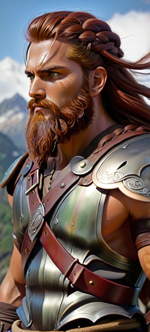 Full Body, Side Profile, oil painting, fantasy, a human man with Long braided Dark Red hair and long dark red beard tied with light green eyes, ((handsome detailed face and eyes)), Barrel chested Warrior wearing brown leather adventurer's clothing, Slight knowing smile, intricate hyper detailed hair, intricate hyper detailed eyelashes, intricate hyper detailed shining pupils #3238, UHD, hd , 8k eyes, detailed face, big anime dreamy eyes, 8k eyes, intricate details, insanely detailed, masterpiece, cinematic lighting, 8k, complementary colors, golden ratio, octane render, volumetric lighting, unreal 5, artwork, concept art, cover, top model, light on hair colorful glamourous hyperdetailed, ultra-fine details, intricate detailed mountain top background, hyper-focused, deep colors, dramatic lighting, Realistic Photo,Handsome Man