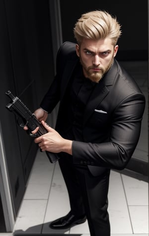 Full body image, short Hair, hazel blond eyes, small beard.,Portrait, athletic, holding gun in one hand, Wearing Black Suit, Aggressive gangster look,