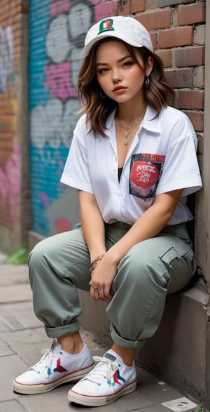 Kelthy sits in a grunge-inspired alleyway, her brown hair messy and parted. She's hugging herself, wearing an oversized white button-down shirt with rolled-up sleeves, baggy cargo pants, and chunky sneakers. The graphic t-shirt underneath peeks out from beneath the collar. A baseball cap worn backwards showcases a bold logo, while layered necklaces adorn her neck. Her full body is framed in front view, with parted lips and medium-sized breasts visible under the shirt. The brick walls and graffiti art of the alleyway provide a vibrant backdrop for this grungy ensemble.,Anime Style