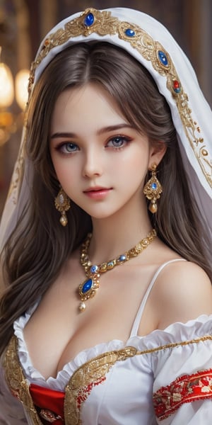 full image, Azur Lane,Beautiful Ukrainian girl,20 years old,A happy expression,Beautiful iris with high precision, light grey eyes,Ukrainian Chirpy,(Big breasts),(Deep cleavage),(long pure Brown hair),smooth hair,
Wearing traditional Ukrainian wedding costumes intricately embroidered with delicate and beautiful patterns, characterized by bright colors and fine needlework, women wear headscarves and headdresses decorated with jewels and beads, adding elegance to their ensembles, earrings, necklaces, bracelets, and other accessories. accessories, red bottoms, and fur boots,Extremely Realistic,Score_9,niji5,aesthetic,perfecteyes,Hot Body