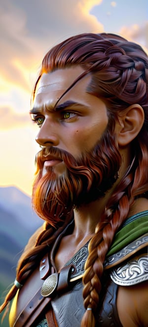 Full Body, Side Profile, oil painting, fantasy, a human man with Long braided Dark Red hair and long dark red beard tied with light green eyes, ((handsome detailed face and eyes)), Barrel chested Warrior wearing brown leather adventurer's clothing, Slight knowing smile, intricate hyper detailed hair, intricate hyper detailed eyelashes, intricate hyper detailed shining pupils #3238, UHD, hd , 8k eyes, detailed face, big anime dreamy eyes, 8k eyes, intricate details, insanely detailed, masterpiece, cinematic lighting, 8k, complementary colors, golden ratio, octane render, volumetric lighting, unreal 5, artwork, concept art, cover, top model, light on hair colorful glamourous hyperdetailed, ultra-fine details, intricate detailed mountain top background, hyper-focused, deep colors, dramatic lighting, Realistic Photo,Handsome Man