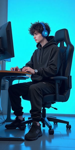 a cartoon young anime man dressed in a black hooded sweatshirt, black pants, and black tennis shoes is seated on a black swivel chair. He is wearing a pair of blue headphones on his head, and his left hand is resting on the keyboard of the computer. His right wrist is adorned with a black watch, and a black bracelet. His left wrist is wrapped around his right wrist. The backdrop is a vibrant blue, adding a pop of color to the scene.,citypunk