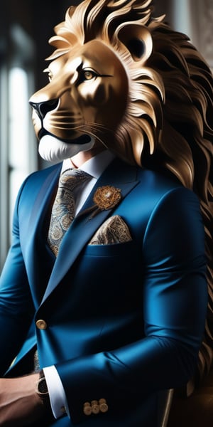 Ultra-realistic, hyper-detailed, and very sharp photographic close-up portrait of an elegant fashion model with a lion head, hybrid human posing gracefully for a fashion show. The model wears a luxurious, tailored suit with intricate patterns, paired with bold accessories including a statement necklace and cufflinks. The sophisticated indoor background features a modern, chic design that complements the outfit's elegance. Soft, refined lighting highlights the detailed textures of the suit and the majestic features of the lion's head. The focus is on the model's poised, regal demeanor and the harmonious blend of human and animal features.,Funny,Handsome Man,more detail XL
