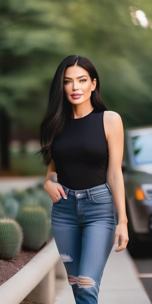 A stunning woman stands in a well-lit parking lot, her dark brown eyes sparkling beneath perfectly pink lips. Her long black hair falls softly over her shoulders, framing her flawless features. She wears a fitted black blouse, distressed blue jeans with white rips, and strappy black sandals that showcase her toned legs. A sleek ponytail adds a pop of color to her outfit, drawing attention to her radiant face. The surrounding trees, adorned with vibrant green leaves, create a natural backdrop, while the deep blue sky above adds a sense of depth and serenity.