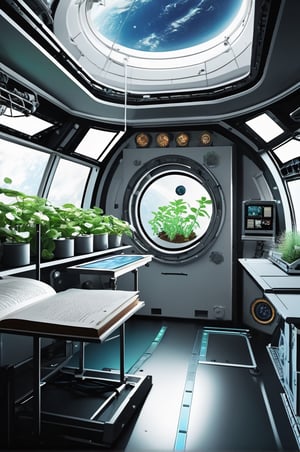 International Space Station interior with astronauts conducting experiments, futuristic technology and equipment floating weightlessly, control panels with blinking lights, plants growing in a small greenhouse, Earth visible through a porthole window, a floating pen and notebook, captured in a detailed and immersive style to showcase the intricacies of life in space.