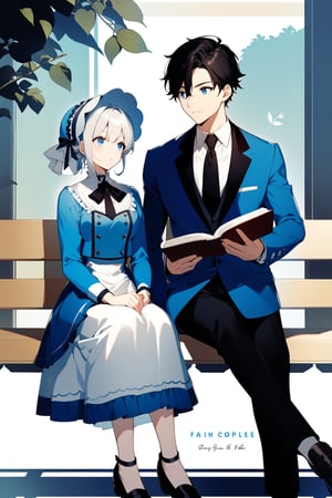 1girl, long hair, short hair, blue eyes, black hair, 1boy, dress, sitting, jacket, white hair, outdoors, frills, necktie, shoes, pants, black footwear, looking at another, book, leaf, , blue jacket, cover page, black necktie, holding book, open book, bench, bonnet