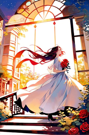 Juliette standing gracefully on the balcony, long flowing dress catching the wind, hair gently blowing in the breeze, a single red rose in her hand, looking wistfully into the distance, surrounded by lush greenery and blooming flowers, golden sunlight casting a warm glow, evoking a sense of longing and hope, rendered in a romantic and dreamy painting style. ,painted world
