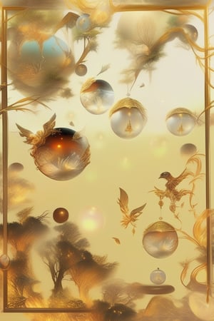 A beautiful world in a gem of amber, ethereal light filtering through translucent layers, ancient flora and fauna frozen in time, shimmering golden hues reflecting intricate details, surrounded by floating orbs of energy, a serene and mystical realm, captured in a mesmerizing digital art style, evoking a sense of wonder and magic,no_humans,niji style,1 girl,Expressiveh