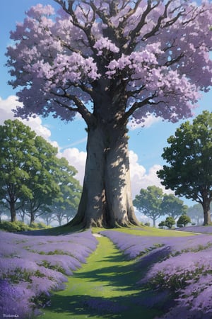 a majestic jacaranda tree standing tall against a clear blue sky, its branches reaching out like open arms, creating a canopy of purple flowers overhead, casting a dappled shade on the ground below, the peaceful and serene environment enhanced by the gentle rustling of leaves in the breeze, captured in a realistic photography style with a wide-angle lens to emphasize the tree’s grandeur