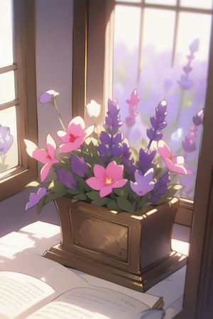 A delicate lavender-hued image unfolds before us. The framing is a soft, curved rectangle, as if gazing through a vintage window frame. Warm golden lighting casts a gentle glow on the subject, situated amidst a whimsical floral arrangement in shades of purple and pink. The subject's pose is relaxed, with one hand cradling a delicate lavender bloom, while the other holds a worn leather-bound book.