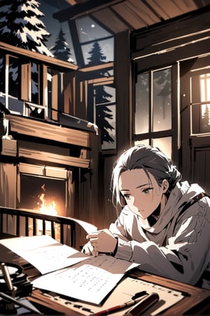 a mathematician is reading a paper, lost in thought, in a cozy cabin surrounded by pine trees, crackling fireplace casting a warm glow, vintage wooden desk cluttered with handwritten notes and antique instruments, compositions showcasing the mathematician’s contemplative gaze and knitted brows, atmosphere of rustic solitude and intellectual exploration, 