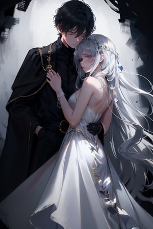 a young girl dressed in a flowing white gown goes into darkness. she is in dark background. Meanwhile, a boy clad in black attire goes into an ethereal light. he is in white background. two people are back to back each other.