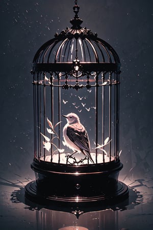A nightingale inside an open birdcage, 