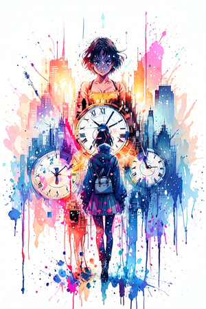 A girl standing on a flat giant clock, her gaze directed downward to check the current time. The clock's hands and numbers creating a unique platform, while soft light highlights the scene. Captured with a Leica M10, emphasizing the concept of time and the girl's connection to the oversized timepiece.,anime,simple background