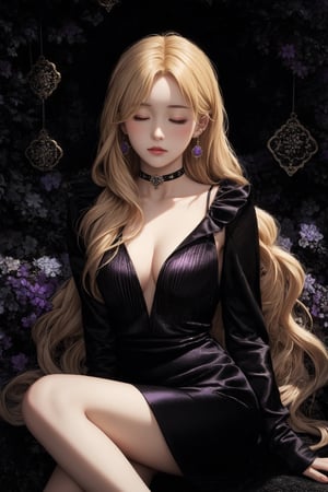 1girl, long hair, looking at viewer, blonde hair, red eyes, long sleeves, sitting, closed eyes, white hair, earrings, choker, black dress,  formal, purple dress,DArt