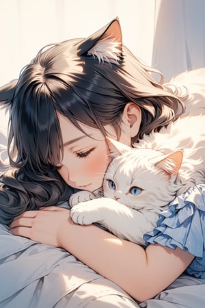 a girl gently touches the curled-up cat
