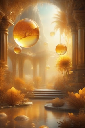 A beautiful world in a gem of amber, ethereal light filtering through translucent layers, ancient flora and fauna frozen in time, shimmering golden hues reflecting intricate details, surrounded by floating orbs of energy, a serene and mystical realm, captured in a mesmerizing digital art style, evoking a sense of wonder and magic,