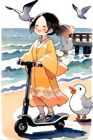 A girl happily gliding on a kickscooter along a peaceful beach boardwalk, the sunlight casting a warm glow on her face, soft breeze ruffling her flowy dress, with seagulls flying in the background and gentle waves crashing on the shore, a serene atmosphere of relaxation and freedom, watercolor painting style with dreamy pastel colors,
