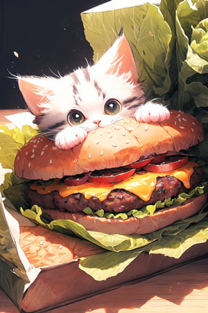 An adorable tabby kitten playfully stuck in the middle of two slices of a giant cheeseburger, fluffy whiskers poking out from the layers of lettuce and beef, wide-eyed and curious gaze