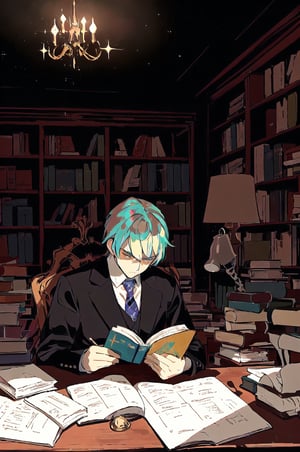 a mathematician is reading a paper, intense focus on complex equations, surrounded by stacks of books and papers, dimly lit study room filled with antique furniture, illuminated by a single desk lamp casting long shadows, compositions highlighting the mathematician’s furrowed brows and intricate hand gestures, atmosphere of intellectual contemplation and discovery, ,sangonomiya kokomi (sparkling coralbone),pastel colors