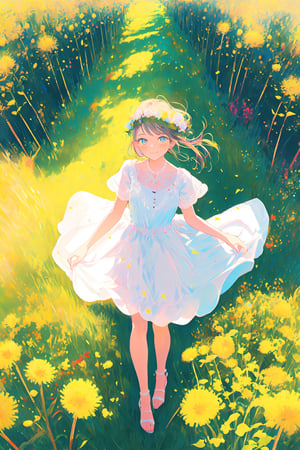 a noble little girl tiptoes and stretches up her hand delicately  trying to touch the dandelion, Aerial View,portrait,Colorful portraits,pastelbg