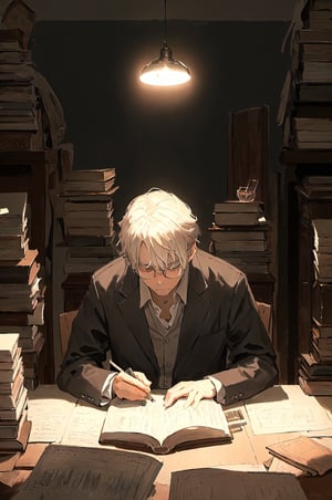 a mathematician is reading a paper, intense focus on complex equations, surrounded by stacks of books and papers, dimly lit study room filled with antique furniture, illuminated by a single desk lamp casting long shadows, compositions highlighting the mathematician’s furrowed brows and intricate hand gestures, atmosphere of intellectual contemplation and discovery, 