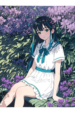 A girl sitting by, a close-up of jacaranda flowers in exquisite detail, showcasing their intricate petals and vibrant color variations, the soft morning light casting a warm glow on the delicate blooms, highlighting their beauty and fragility, set against a blurred background of lush green foliage for contrast, captured in a detailed and lifelike illustration style.,petite