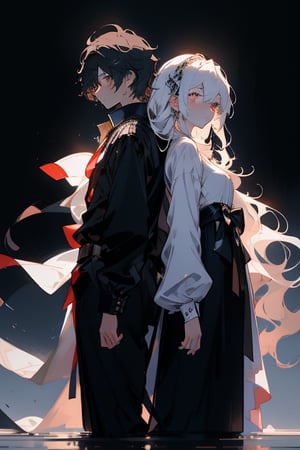 a young girl dressed in a flowing white gown goes into darkness. she is in dark background. Meanwhile, a boy clad in black attire goes into an ethereal light. he is in white background. two people are back to back each other.