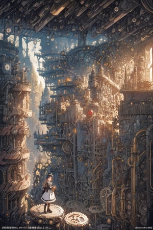girl in lolita outfit, steampunk-inspired, gears and cogs embellishments, mechanical wings, posing in an industrial steampunk cityscape filled with steam pipes and clockwork machinery, a sense of adventure and futuristic fantasy, realistic photography with a wide-angle lens for a panoramic view
