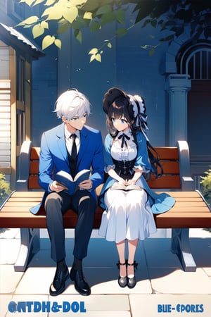 1girl, long hair, short hair, blue eyes, black hair, 1boy, dress, sitting, jacket, white hair, outdoors, frills, necktie, shoes, pants, black footwear, looking at another, book, copyright name, leaf, cover, blue jacket, cover page, black necktie, holding book, open book, bench, bonnet