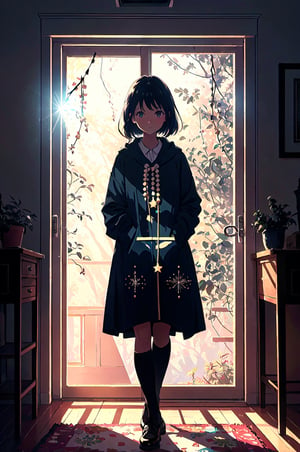 a girl standing by, A string of star-shaped bead curtains hanging by the window, casting playful patterns of light and shadow into the room. Soft sunlight filtering through the beads, creating a whimsical and enchanting atmosphere.