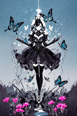a girl flying with butterflies, surrounded by a field of vibrant wildflowers, a rainbow arcing across the sky, butterflies of all sizes and colors dancing in the air around her, the scent of flowers perfuming the air, a gentle breeze ruffling her hair and dress, a sense of harmony and connection to nature, captured in a whimsical and fantastical style with bold, vivid colors and dynamic compositions, imbuing the scene with a sense of enchantment and beauty.,MONOCHROME GLOWING,dragonink