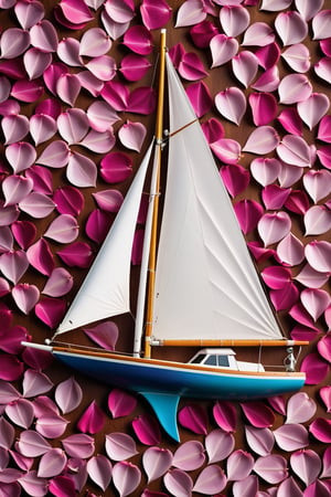A sailboat art piece ingeniously composed of spring Rosy Trumpet Tree petals. The vibrant hues mimicking sails and waves, a creative and whimsical representation of nature's beauty. Photographed with a Fujifilm X-T4 to capture the intricate details and the lively essence of this floral sailboat.