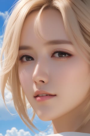 a close up of a woman's face with clouds in the background, top rated on pixiv, very very pale blond hair, photoreailstic, featured on cg society, touch, realistic lighting, popular korean makeup, subtle lens flare, inspired by Kiyohara Tama, 16k upscaled image, perfect human female specimen,ach-ciloranko