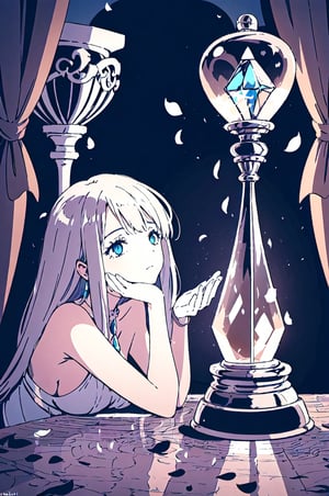 a girl laying on the table, her gaze locked on an hourglass with sapphire-hued sand trickling down delicately, scattered rose petals around the base of the hourglass, ethereal glow emanating from an unseen source illuminating the scene, intricate crystal hourglass mounted on a silver pedestal, capturing a sense of timelessness and grace, in a style resembling Baroque sculpture
