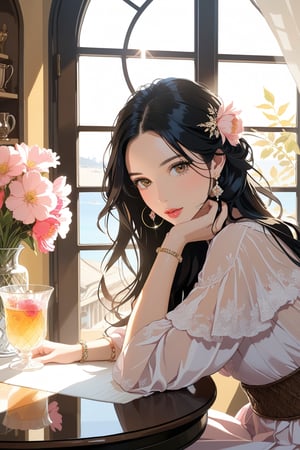 1girl, solo, long hair,  looking at viewer, dress, black hair, long sleeves, cleavage, brown eyes, jewelry,  sitting,  flower, earrings, parted lips, day, indoors, bracelet, cup, lips, window, chair, table, sunlight, pink flower, hand in own hair, ,aesthetic portrait