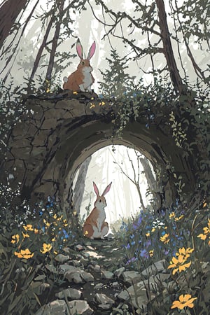 The composition showcasing the rabbit’s fluffy fur blending seamlessly with the soft earth tones of the forest floor, delicate wildflowers adding pops of color to the scene, the burrow’s entrance creating a focal point of curiosity and adventure, balanced and harmonious elements guiding the viewer’s gaze through the natural setting, evoking a sense of peace and harmony.