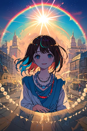 A young girl with a bright smile and curious eyes stands in front of a vibrant, hand-painted mural, her dark hair messy from play. She holds the colorful beaded necklace up to the sunlight, the beads refracting into tiny rainbows. As she slides it over her head, the camera zooms in on the delicate curve of her neck, the beads glinting like tiny stars.,DArt
