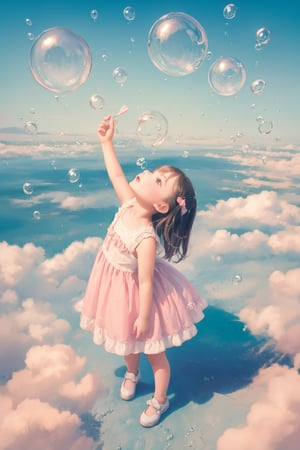 1girl, solo, dress, looking up, child, bubble,pastel colors,aerial view
