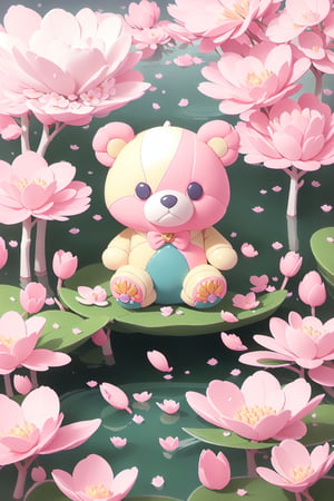 a teddy bear sculpted entirely out of cherry blossoms, each petal carefully placed to form the bear’s silhouette, a mix of light pink and white flowers creating a realistic and three-dimensional texture, set against a serene pond with koi fish swimming gracefully, surrounded by weeping willow trees and a tranquil atmosphere, the composition highlighting the contrast between the softness of the petals and the solidity of the sculpture, photographed with a macro lens to capture the intricate details and craftsmanship, in a style reminiscent of botanical illustrations.,flower,grass