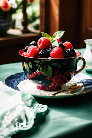 a bowl of mixed berries, including raspberries, blackberries, and blueberries, arranged in a delicate pattern on a vintage porcelain plate, surrounded by green mint leaves, placed on a lace tablecloth in a charming garden tea party setting, with dainty teacups and saucers, blooming flowers in the background, creating a whimsical and elegant atmosphere, focusing on the rich hues and intricate details of each berry