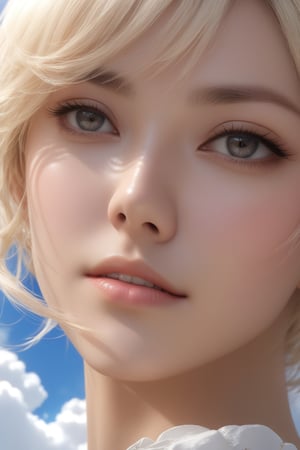 a close up of a woman's face with clouds in the background, top rated on pixiv, very very pale blond hair, photoreailstic, featured on cg society, touch, realistic lighting, popular korean makeup, subtle lens flare, inspired by Kiyohara Tama, 16k upscaled image, perfect human female specimen