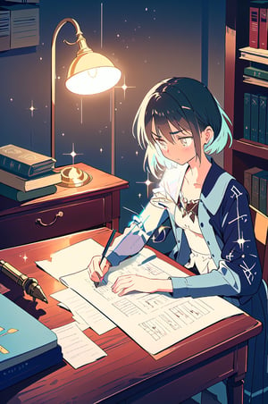 a mathematician is reading a paper, intense focus on complex equations, surrounded by stacks of books and papers, dimly lit study room filled with antique furniture, illuminated by a single desk lamp casting long shadows, compositions highlighting the mathematician’s furrowed brows and intricate hand gestures, atmosphere of intellectual contemplation and discovery, ,sangonomiya kokomi (sparkling coralbone),pastel colors