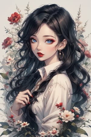 1girl, solo, looking at viewer, blue eyes, shirt, black hair, long sleeves, holding, jewelry, upper body, flower, earrings, parted lips, blurry, lips, makeup, lipstick, red lips, 